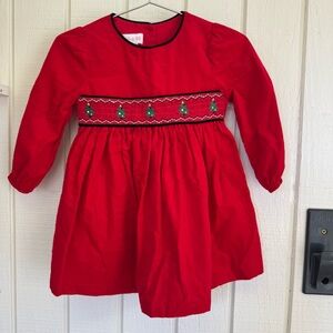 Smocked Embroidered Red Christmas Tree Dress long sleeve corduroyby Bonnie Baby